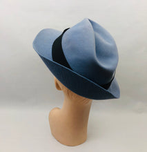 Load image into Gallery viewer, 1930s Cornflower Blue Felt Fedora Hat with Black Grosgrain Trim