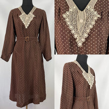 Load image into Gallery viewer, Original 1930s Brown and Cream Crepe Belted Polka Dot Dress with Lace and Chiffon Collar - Bust 34 35