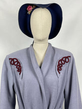 Load image into Gallery viewer, REPRODUCTION 1940s Blue Wool Coat with Burgundy Soutache Trim and Tie Belt - Bust 40 42