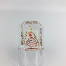 Load image into Gallery viewer, Original 1940s Rectangular Reverse Carved Lucite Brooch with Crinoline Lady and Flowers