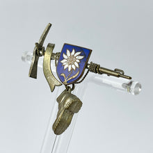 Load image into Gallery viewer, 1940's 1950's White Metal Tyrolean Novelty Brooch with Walking Stick, Boot and Shield