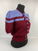 Load image into Gallery viewer, 1940s Reproduction Cardigan Jacket in Burgundy and Lavender Blue Stripes - Bust 34 35 36