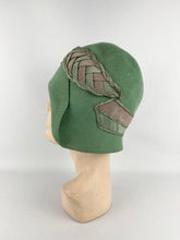 Load image into Gallery viewer, Original 1920s Soft Green Felt Cloche Hat with Wonderful Green and Pink Applique