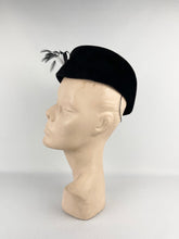 Load image into Gallery viewer, Original 1940s Black Velvet Military Inspired Hat with Paste and Feather Trim
