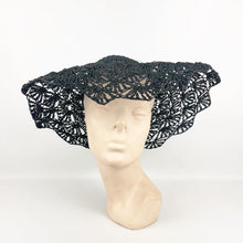Load image into Gallery viewer, Original 1940's Black Straw Crochet Summer Hat with Open Crown