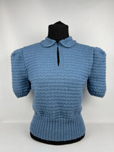 Load image into Gallery viewer, Reproduction 1940s Hand Knitted Jumper in Soft Blue with Smart Collar - Bust 38"
