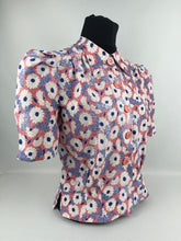 Load image into Gallery viewer, *AS IS* Feed Sack Cotton Blouse - 1940's Reproduction Pretty Floral Print Blouse Made From Original 1940's Feed Sack - Salmon Pink with Blue and White Design - Bust 35 36 37