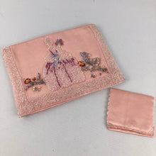 Load image into Gallery viewer, 1930s peach Satin Beaded Clutch with Crinoline Lady Design and Tiny Coin Purse