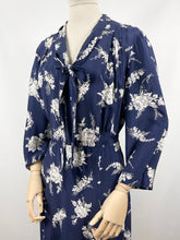 Load image into Gallery viewer, Original 1930s Navy and White Silk Volup Floral Print Dress with Bow Tie Neck - Bust 40 42