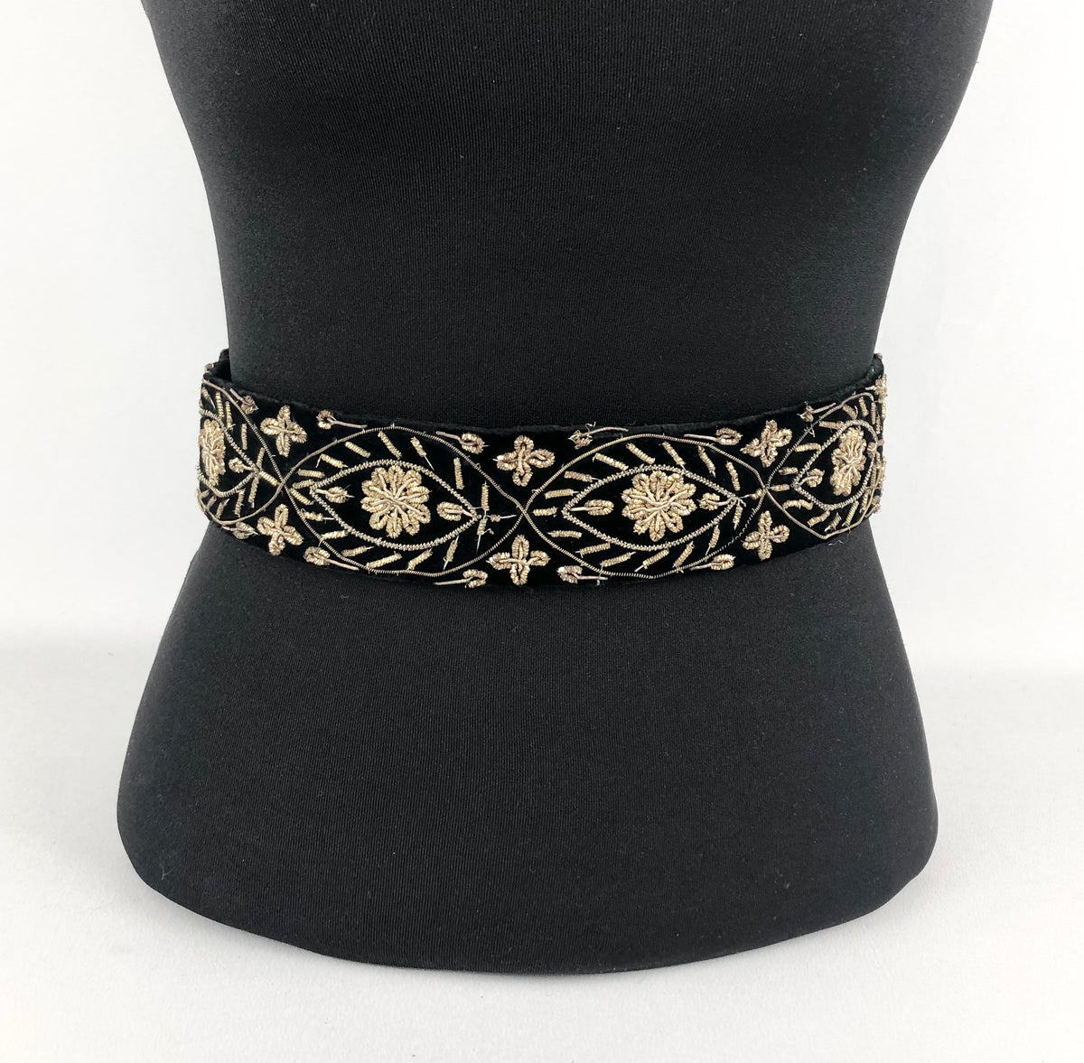 Vintage Wire Embroidered Belt Black Velvet, Gold Wire 