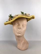 Load image into Gallery viewer, Original 1940s or 1950s Yellow Straw Hat with Wavy Brim and White and Green Floral Trim