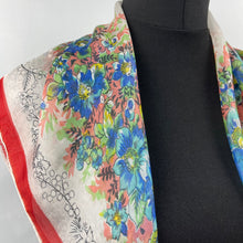 Load image into Gallery viewer, Original 1950's Fine Sheer Silk Scarf with Fabulous Floral Print and Red Border