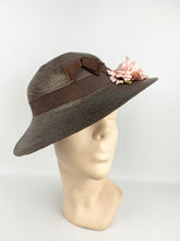 Load image into Gallery viewer, Original 1930s Chocolate Brown Straw Hat with Soft Pink Carnation Trim