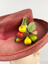 Load image into Gallery viewer, Original 1940s Rusty Red Summer Straw Hat with Fruit and Leaves Trim