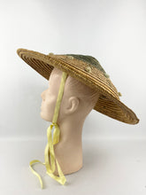 Load image into Gallery viewer, Original 1940s 1950s Tri Colour Conical Straw Hat with Ribbon Tie and Bobble Trim