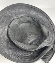 Load image into Gallery viewer, Original Late 1930's or Early 1940's Black Lacquered Straw Hat with Pink Grosgrain Trim