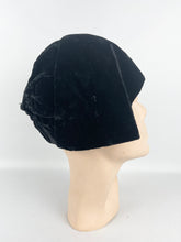 Load image into Gallery viewer, Original 1920s Black Cotton Velvet Cloche with Celluloid and Paste Hat Flash