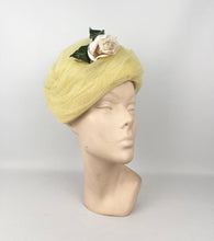 Load image into Gallery viewer, Original 1950's 1960's Yellow Net Hat with Rose Floral Trim - "A Jan Dec Hat"