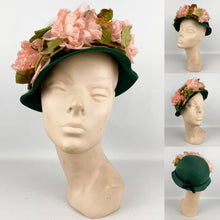 Load image into Gallery viewer, Original 1950's Forest Green Hat with Beautiful Pink Floral Trim - Jolly & Son Ltd Bath