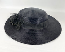 Load image into Gallery viewer, Original 1940's Dark Blue Lacquered Straw Hat with Net Covered Flower Trim by Peter Robinson *