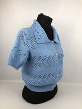 Load image into Gallery viewer, Original 1940s Cornflower Blue Lace Knit Cardigan with Glass Buttons - Bust 36