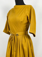Load image into Gallery viewer, Original 1950s Lightweight Wool Dress with Original Belt in Mustard - Bust 34