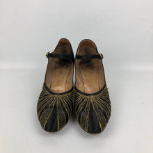 Load image into Gallery viewer, Original 1930s Black Satin Dance Shoes with Gold Trim and Paste Buckle Size 3 3.5