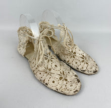 Load image into Gallery viewer, Original 1940's Make Do and Mend Homemade Summer Sandals in Crochet with Ankle Ties - UK size 5
