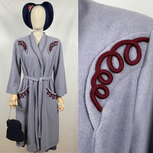 Load image into Gallery viewer, REPRODUCTION 1940s Blue Wool Coat with Burgundy Soutache Trim and Tie Belt - Bust 40 42