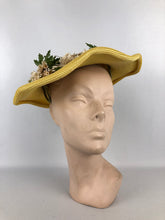 Load image into Gallery viewer, Original 1940s or 1950s Yellow Straw Hat with Wavy Brim and White and Green Floral Trim