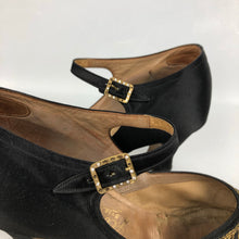 Load image into Gallery viewer, Original 1930s Black Satin Dance Shoes with Gold Trim and Paste Buckle Size 3 3.5