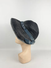 Load image into Gallery viewer, Utterly Charming 1920s 1930s Black Straw Hat with Blue Velvet Trim