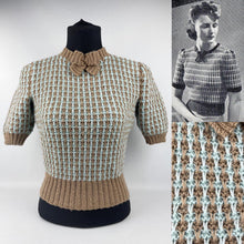 Load image into Gallery viewer, Reproduction 1940's Waffle Stripe Jumper Mocha and Duck Egg Blue Knitted from a Wartime Pattern - B 36 37 38 39 40