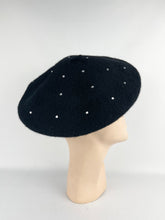 Load image into Gallery viewer, Original 1950s Inky Black Machine Knitted Beret with Paste Decoration