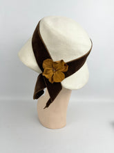 Load image into Gallery viewer, Original 1930's Cream Felt Hat with Warm Brown Velvet and Floral Trim