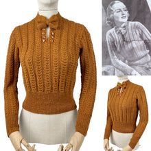 Load image into Gallery viewer, Reproduction 1930's Long Sleeved Cable Hand Knitted Jumper with Neat Bow at the Neck - Bust 33 34 35