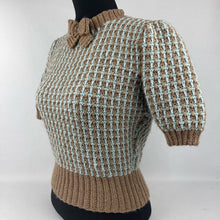 Load image into Gallery viewer, Reproduction 1940's Waffle Stripe Jumper Mocha and Duck Egg Blue Knitted from a Wartime Pattern - B 36 37 38 39 40