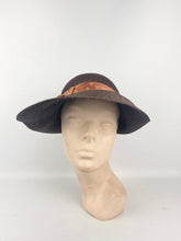 Load image into Gallery viewer, Original 1930s Brown Straw Cloche Hat with Rust Coloured Polka Dot Ribbon Trim and Metal Feather Trim
