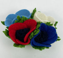 Load image into Gallery viewer, 1940's Felt Flower Anemone Corsage - Pretty Wartime Posy Brooch - Patriotic Red, White and Blue