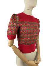 Load image into Gallery viewer, Reproduction 1940’s Hand Knitted Striped Jumper in Cherry Red, Ivy, Rust and Dune - Bust 32 34