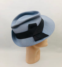 Load image into Gallery viewer, 1930s Cornflower Blue Felt Fedora Hat with Black Grosgrain Trim