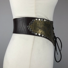 Load image into Gallery viewer, Original Vintage Brown Leather and Metal Laced Waist Cincher Belt - Steam Punk - Waist 27"