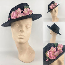 Load image into Gallery viewer, Original 1930s or 1940s Black Straw Hat with Pretty Pink Floral Trim
