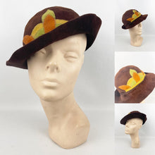 Load image into Gallery viewer, Original 1930’s Warm Brown Fur Felt Hat with Appliqué Trim in Green, Rust and Mustard *