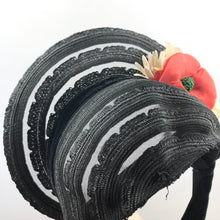 Load image into Gallery viewer, Original 1940's Black Straw Hat - Pretty Bonnet Shape Half Hat with Poppy Flower Trim - Patriotic
