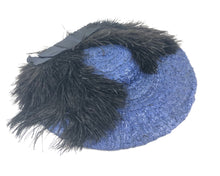 Load image into Gallery viewer, 1940s Royal Blue Straw Hat with Black Ostrich Feather Trim