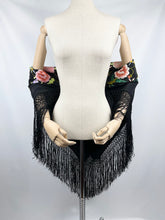 Load image into Gallery viewer, Beautiful Original 1920's 1930's Black Crepe Piano Shawl with Bold Floral Silk Embroidery and Broad
