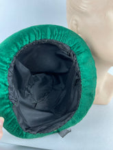 Load image into Gallery viewer, Original 1950's Bonnet Style Hat in Vibrant Green Velvet with Black Trim