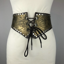 Load image into Gallery viewer, Original Vintage Brown Leather and Metal Laced Waist Cincher Belt - Steam Punk - Waist 27"