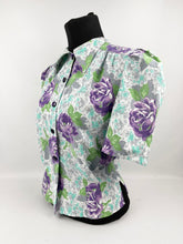 Load image into Gallery viewer, 1940's Reproduction Floral Print Blouse with Large Purple Roses and Grey Buttons Made From and Original 1940's Feed Sack - Bust 34" 35"